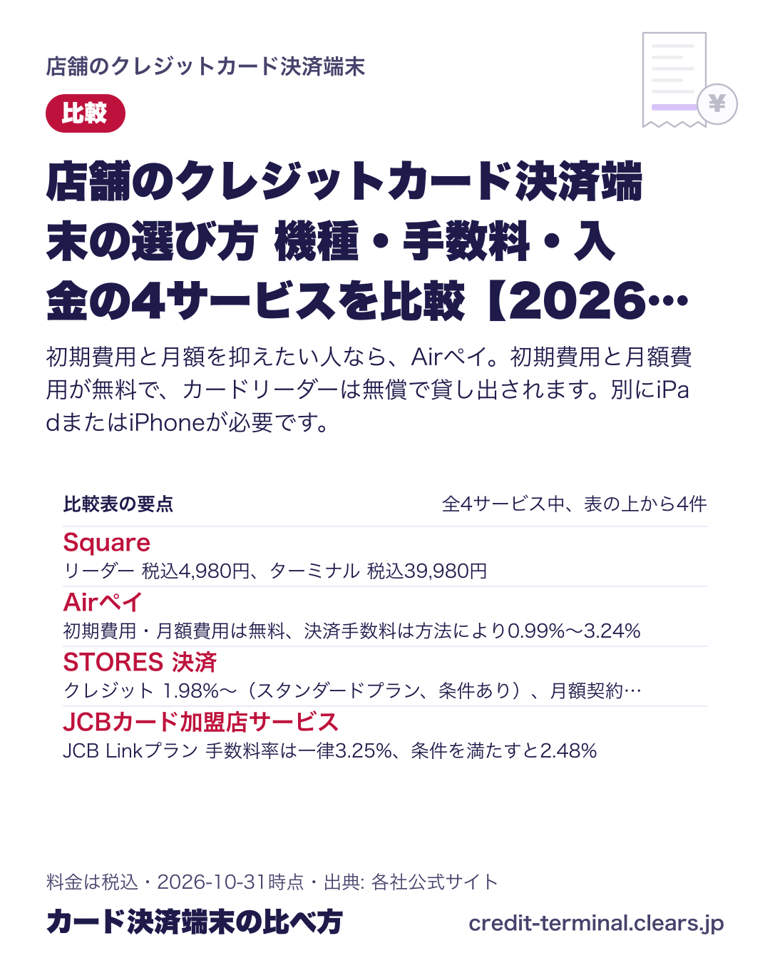 店舗のクレジットカード決済端末の選び方 機種・手数料・入金の4サービスを比較【2026年版】の比較表の要点
